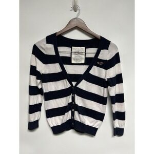 Vintage Y2K Hollister Navy Blue & White Striped Cardigan Womens M Fitted Preppy